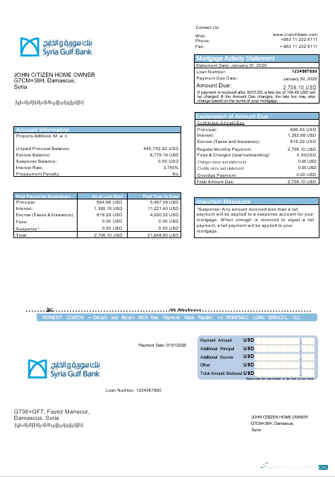 Download Syrian Gulf Bank mortgage statement in Word and PDF formats Photoshop template